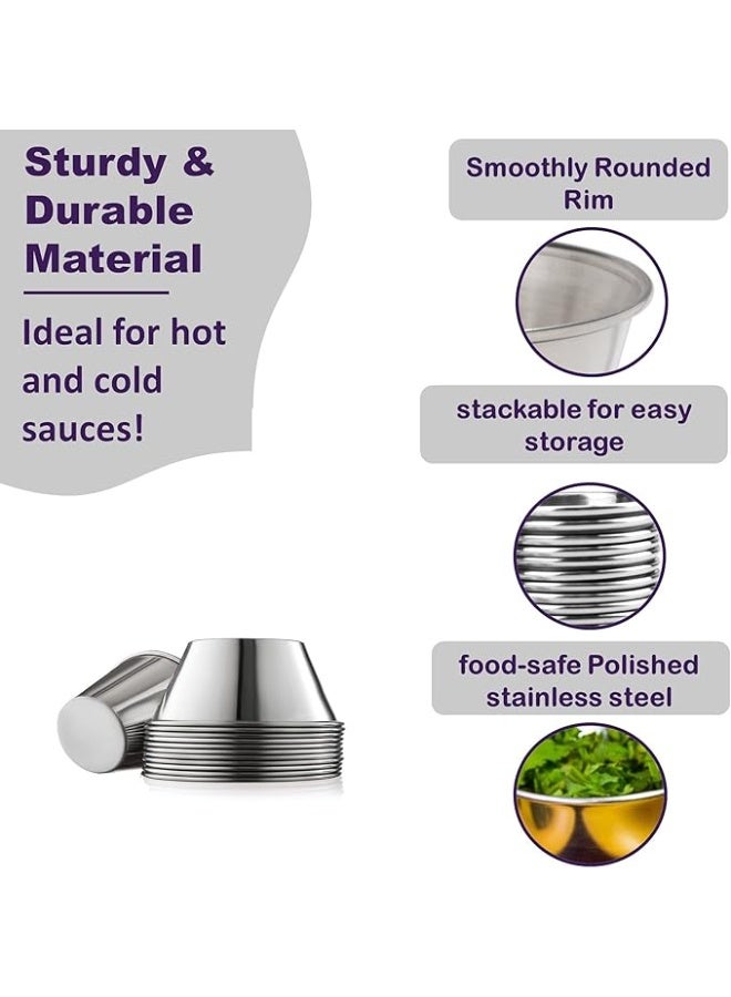 DUNISO 12 قطعة أطباق صلصة من الفولاذ المقاوم للصدأ، أطباق فردية صغيرة قابلة لإعادة الاستخدام، كوب صلصة متعدد الوظائف، سهل التنظيف، يستخدم للصلصة اللحم، السلطة، الصلصة، السوشي، الحلويات، التوابل، 50 مل، فضي - Image 3