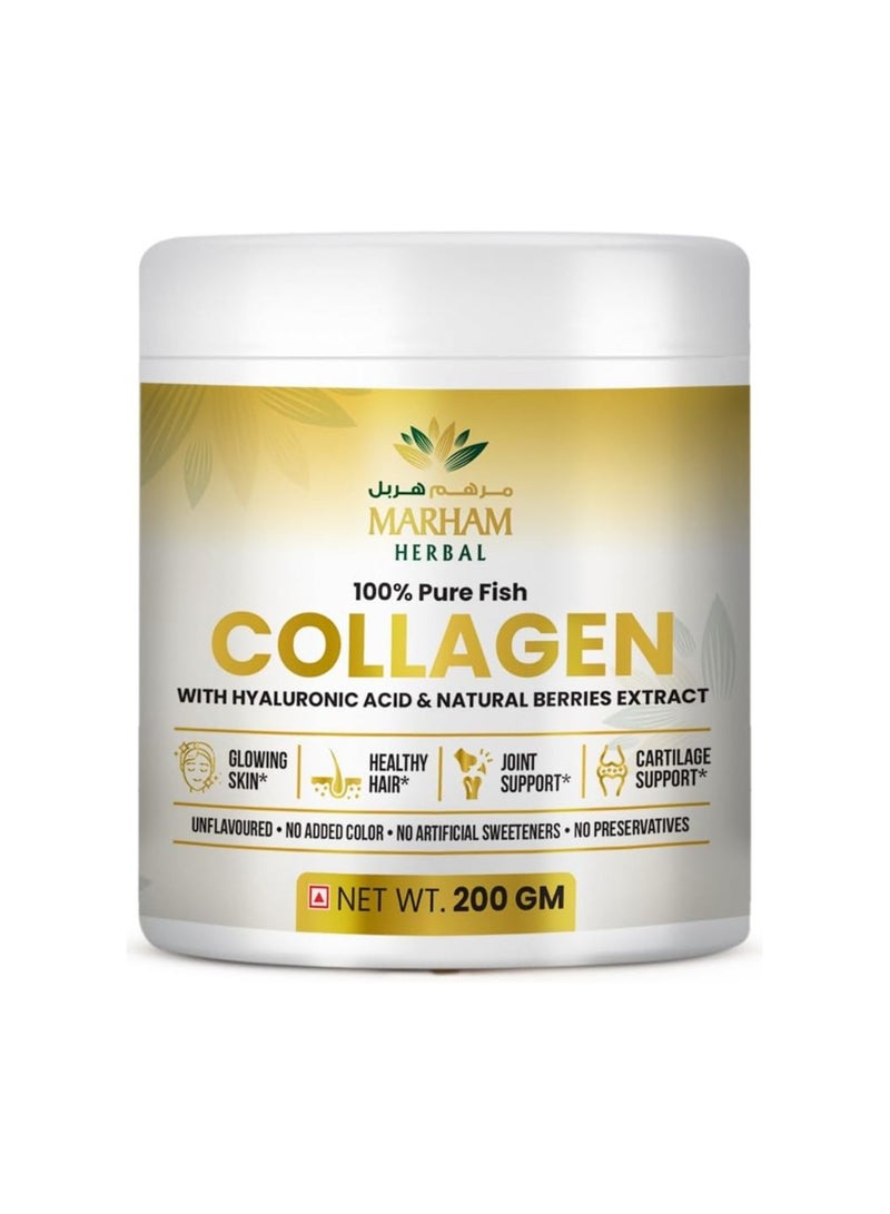 MARHAM HERBAL 100% Pure Fish Collagen with Hyaluronic Acid & Natural Berries Extract Vitamin C for Glowing Skin, Healthy Hair, Joint Support and Cartilage Support | 200GM (200 Grams, Unflavored) - Image 1