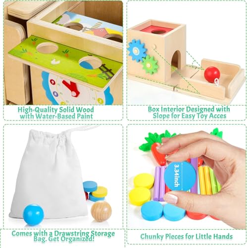 Bravmate Kizfarm Wooden Montessori Baby Toys, 8-in-1 Wooden Play Kit Includes Object Permanent Box, Coin Box, Carrot Harvest, Shape Sorting & Stacking - Christmas Birthday Gift for Boys Girls Toddlers - Image 4
