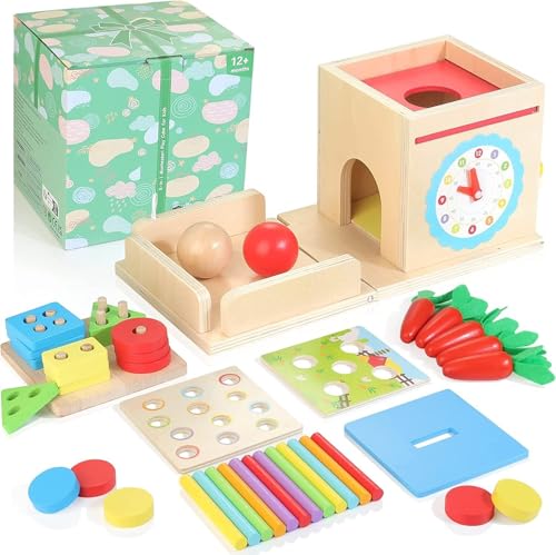 Bravmate Kizfarm Wooden Montessori Baby Toys, 8-in-1 Wooden Play Kit Includes Object Permanent Box, Coin Box, Carrot Harvest, Shape Sorting & Stacking - Christmas Birthday Gift for Boys Girls Toddlers - Image 1