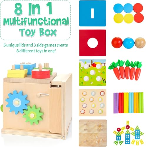 Bravmate Kizfarm Wooden Montessori Baby Toys, 8-in-1 Wooden Play Kit Includes Object Permanent Box, Coin Box, Carrot Harvest, Shape Sorting & Stacking - Christmas Birthday Gift for Boys Girls Toddlers - Image 2