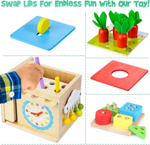Bravmate Kizfarm Wooden Montessori Baby Toys, 8-in-1 Wooden Play Kit Includes Object Permanent Box, Coin Box, Carrot Harvest, Shape Sorting & Stacking - Christmas Birthday Gift for Boys Girls Toddlers - Image 3