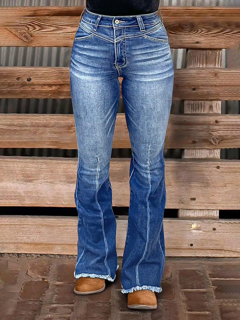 Flamingals High Waisted Bootcut Jeans for Women Frayed Hem Wash Stitch Detail Stretchy Butt Lifting Jeans Navy Blue L - Image 2
