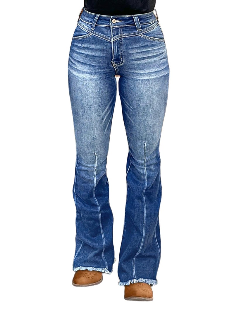 Flamingals High Waisted Bootcut Jeans for Women Frayed Hem Wash Stitch Detail Stretchy Butt Lifting Jeans Navy Blue L - Image 1