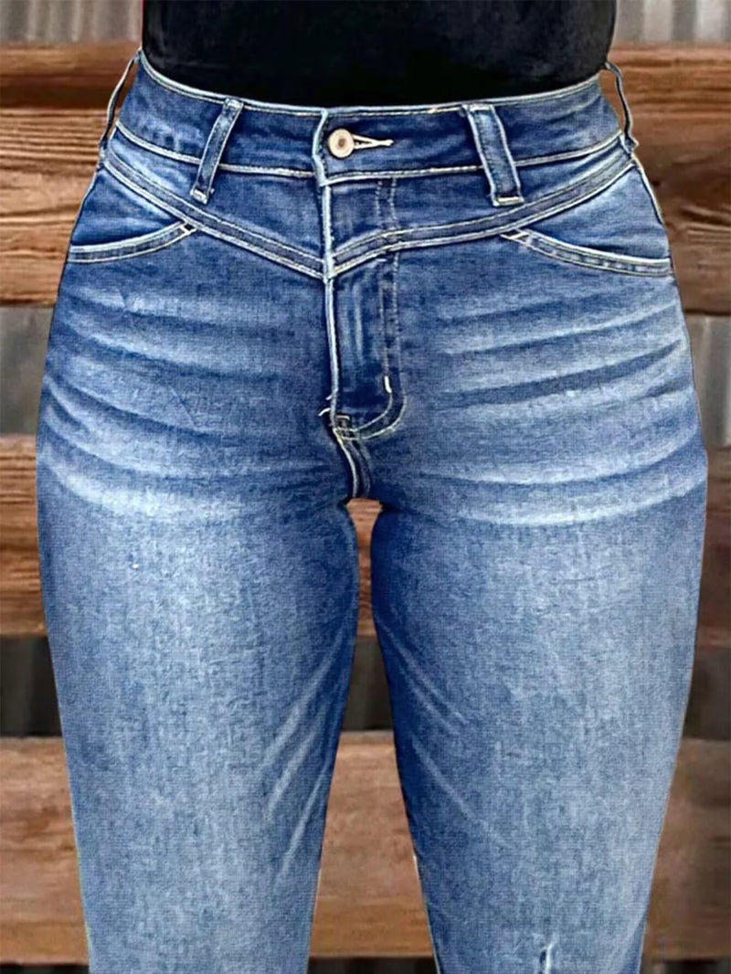 Flamingals High Waisted Bootcut Jeans for Women Frayed Hem Wash Stitch Detail Stretchy Butt Lifting Jeans Navy Blue L - Image 4