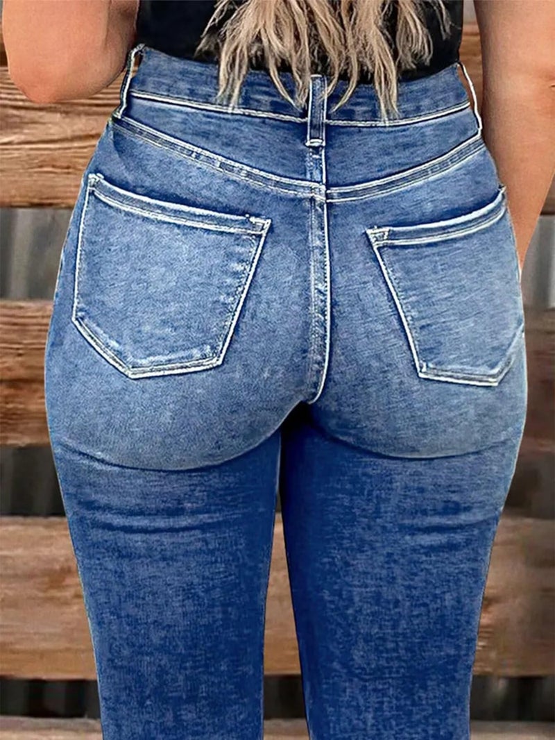 Flamingals High Waisted Bootcut Jeans for Women Frayed Hem Wash Stitch Detail Stretchy Butt Lifting Jeans Navy Blue L - Image 5