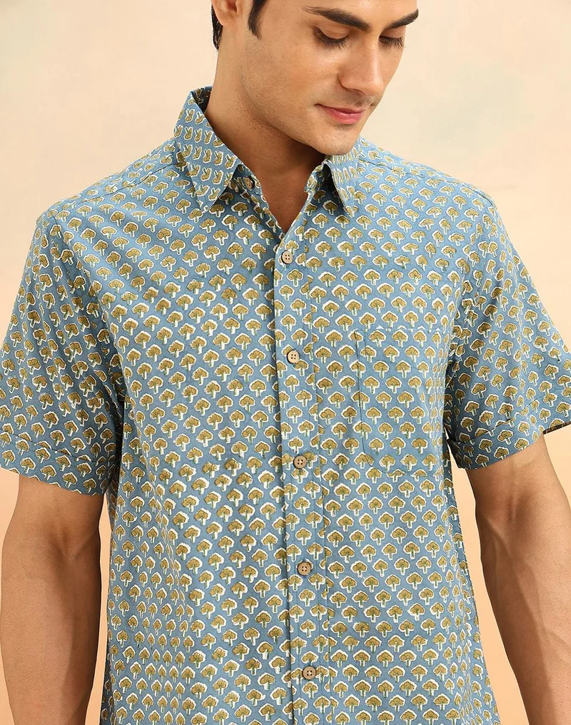 Fabindia  Blue Cotton Hand Block Printed Shirt for Men | Best Price UAE