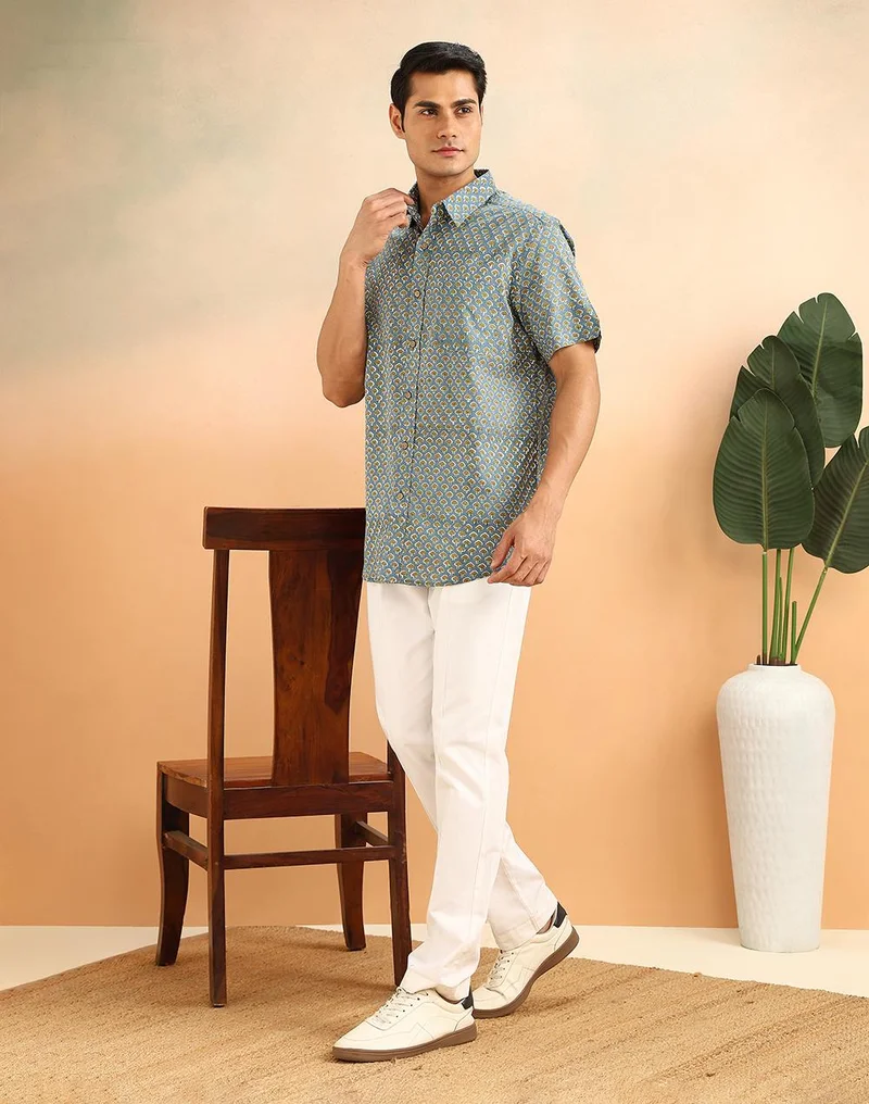 Fabindia  Blue Cotton Hand Block Printed Shirt for Men | Best Price UAE