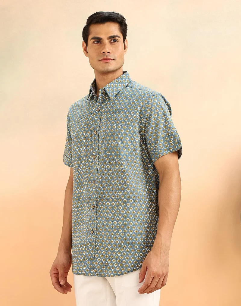 Fabindia  Blue Cotton Hand Block Printed Shirt for Men | Best Price UAE