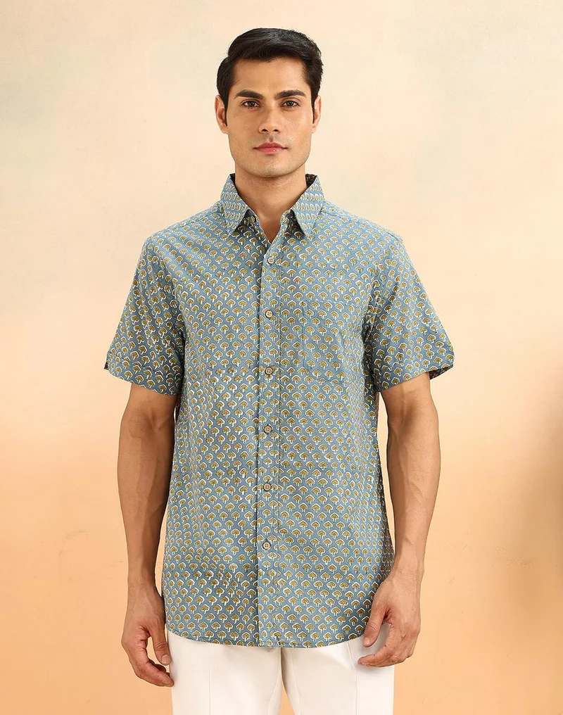 Fabindia Blue Cotton Hand Block Printed Shirt