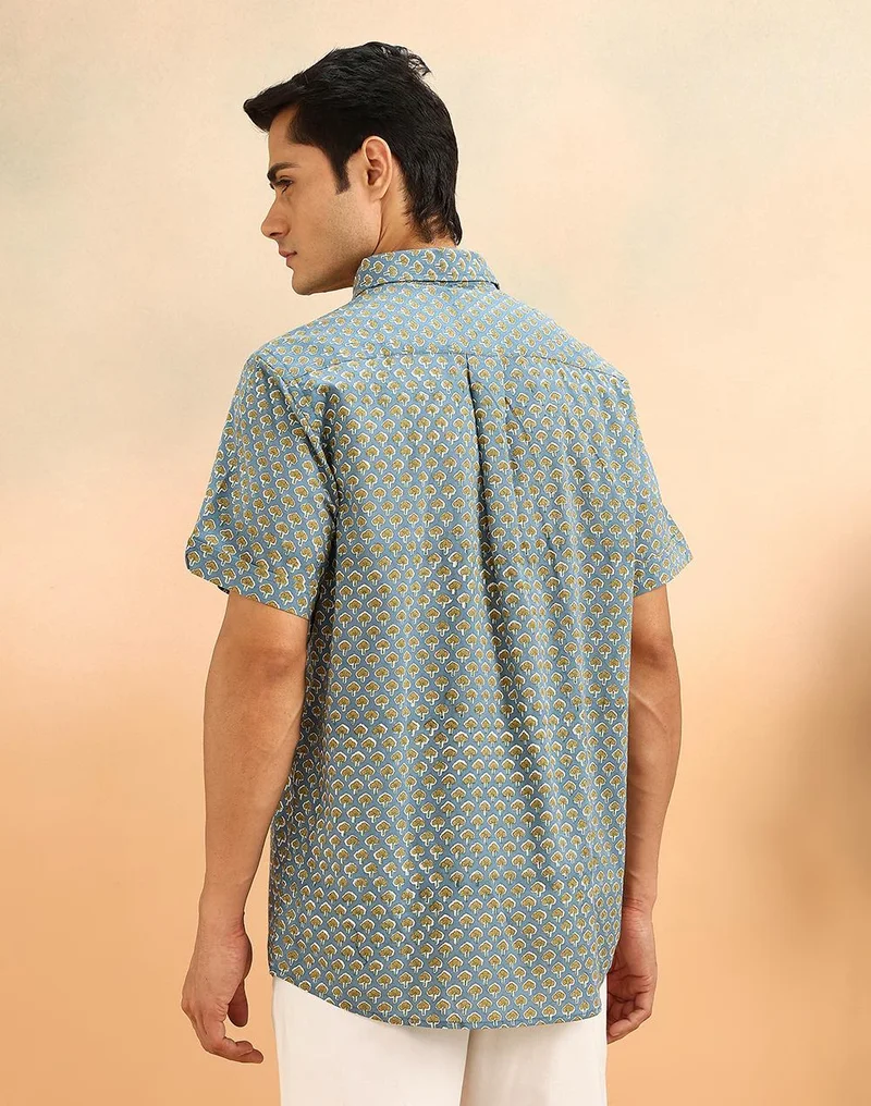Fabindia  Blue Cotton Hand Block Printed Shirt for Men | Best Price UAE