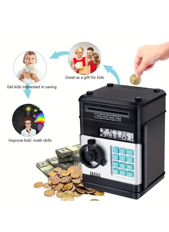 Generic - Children's Piggy Bank Creative Password Unlock Automatic Roll Money ATM Large Capacity Accessible Mini Safe Toy-Color:Password Money Cabinet (black) - Image 1