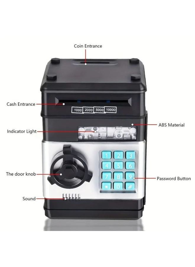 Generic - Children's Piggy Bank Creative Password Unlock Automatic Roll Money ATM Large Capacity Accessible Mini Safe Toy-Color:Password Money Cabinet (black) - Image 1
