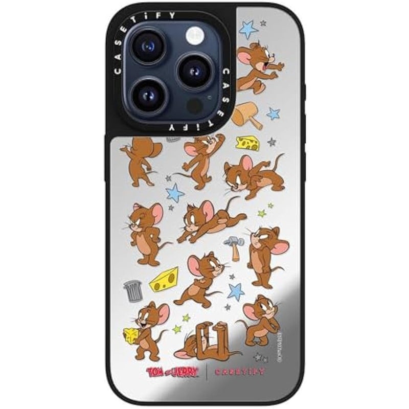 Casetify Mirror Case for iPhone 15 Pro 【Tom and Jerry Colab/Reflective / 4.9ft Drop Protection/Compatible with Magsafe】 - Jerry Pattern - Silver on Black - Image 1