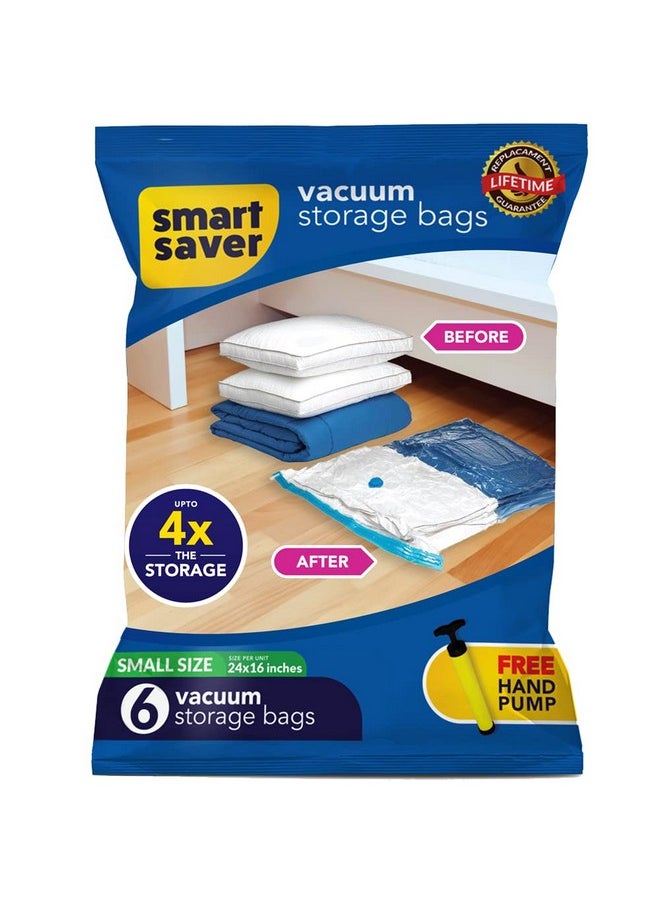 Smart Saver 6 Small Smart Saver Vacuum Bags for Travel, Space Saver Bags Compression Storage Bags for Clothes, Bedding, Pillows, Comforters, Blankets Storage Vacuum Sealer Bags for Clothes Storage, Vaccine Sealed Compression Airtight Reusable Packing Ziplock Bag with Travelling Hand Pump - Size-(40x60cm)  - Image 1