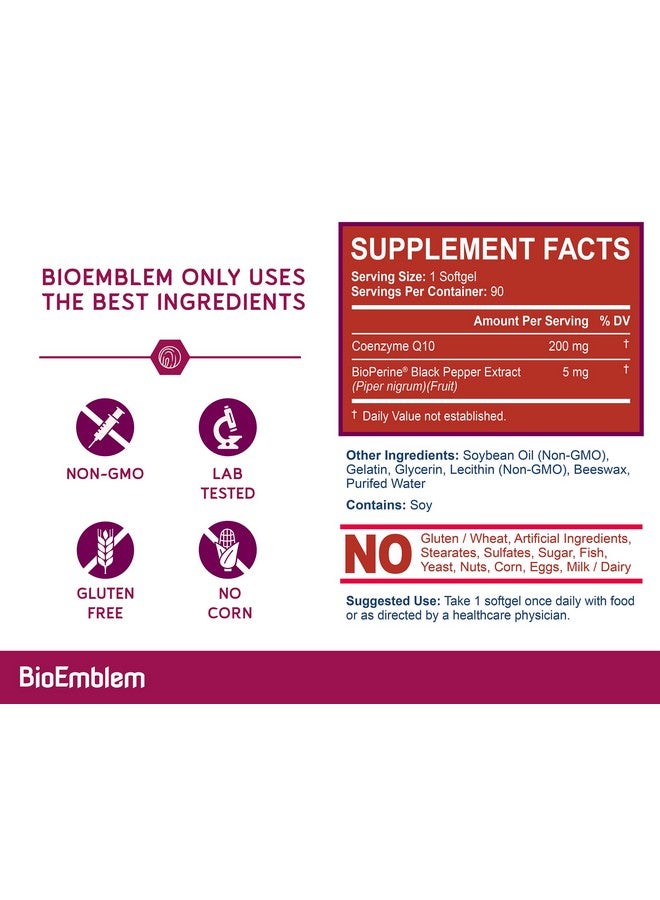 BioEmblem CoQ10 with BioPerine - 200mg Softgels, Superior Absorption - Coenzyme Q10 Antioxidant for Energy Production, Heart Health - Natural Form, Non-GMO CoQ10 Supplement - 90 Count - Image 4
