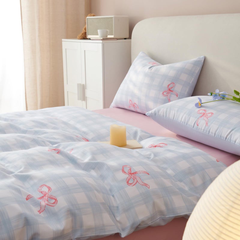 Bildenly Blue Plaid Comforter Set Full Size - Pink Bow Quilt Bedding Set 3 Pieces, Gingham Comforter Set Full, Soft & Lightweight Comforter(79â€˜â€™ x 90â€˜â€™) for Girl All Season & 2 Pillowcases(30â€˜â€™x20â€˜â€™) - Image 5