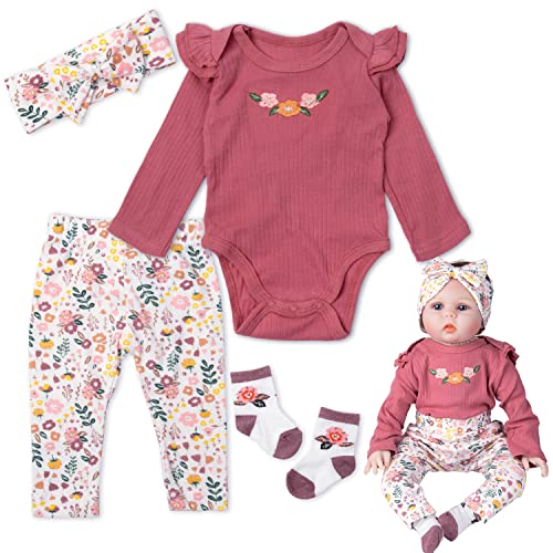 Pedolltree Reborn Baby Dolls Clothes 22 inch Outfit Accessories Flower 4pcs Set for 1722 Inch Reborn Doll Newborn Girl - Image 1