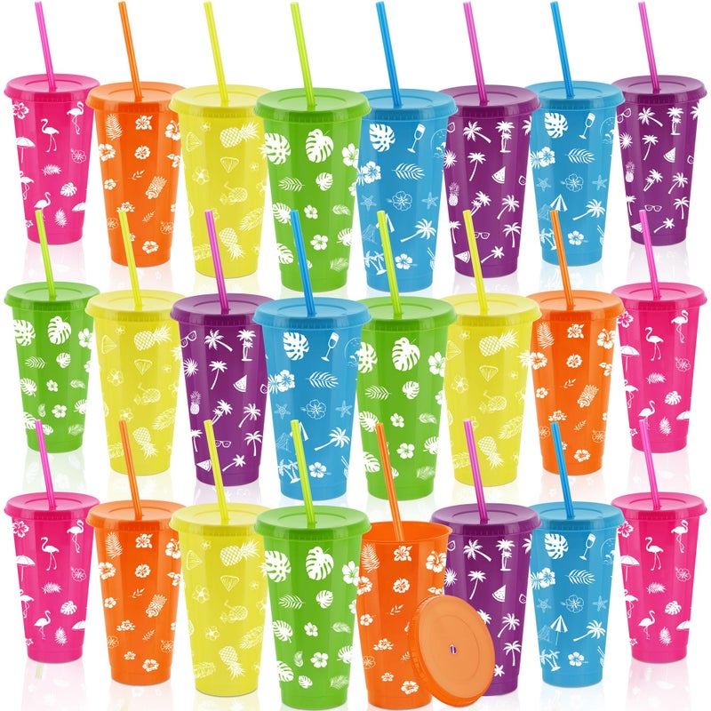 Kochorie 24 Pieces 24 oz Hawaiian Cups Luau Tumbler Cups with Straw and Lid 6 Design Reusable Plastic Travel Mug Cup for Hawaiia Favors Luau Tiki