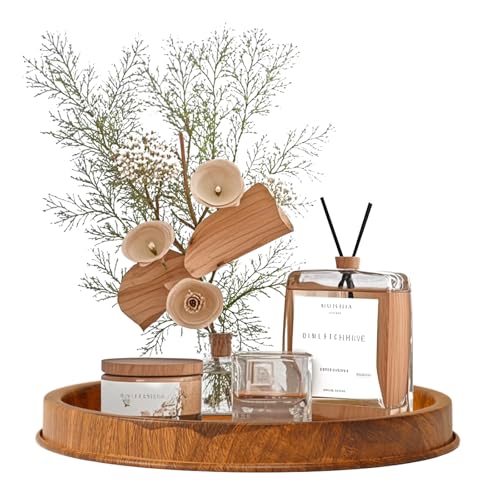 Lobolighting Round Decorative Serving Tray - Modern Farmhouse Style Handcrafted Wood Grain Color Metal Tray, Versatile Centerpiece for Coffee Table, Living Room, Dining or Entryway Home Decor - Image 1