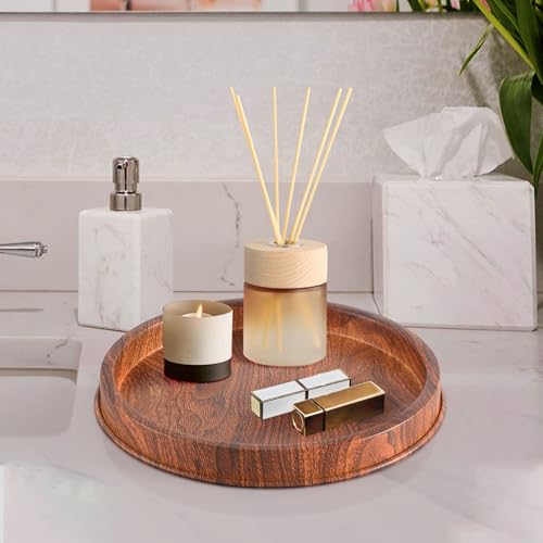 Lobolighting Round Decorative Serving Tray - Modern Farmhouse Style Handcrafted Wood Grain Color Metal Tray, Versatile Centerpiece for Coffee Table, Living Room, Dining or Entryway Home Decor - Image 5