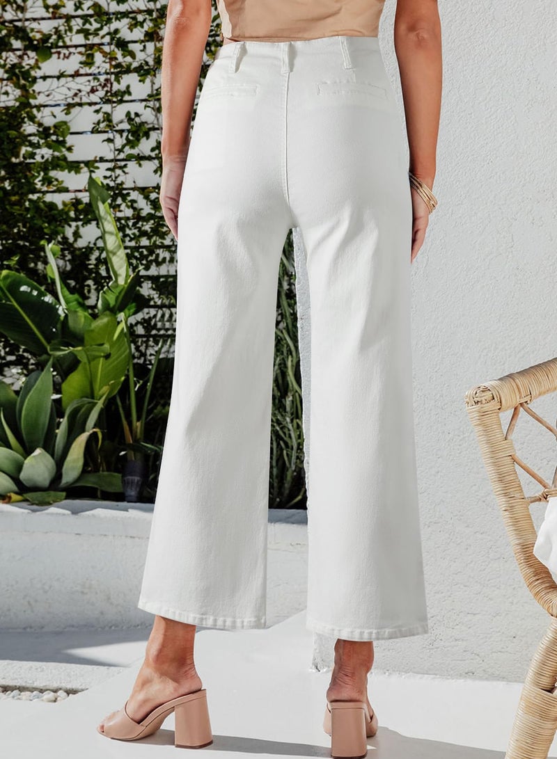 Sidefeel Women's Wide Leg Jeans High Waisted Stretchy Zimbaplatinum Straight Leg Jeans Buttoned Loose Denim Pants with Pocket White Size 6 - Image 3
