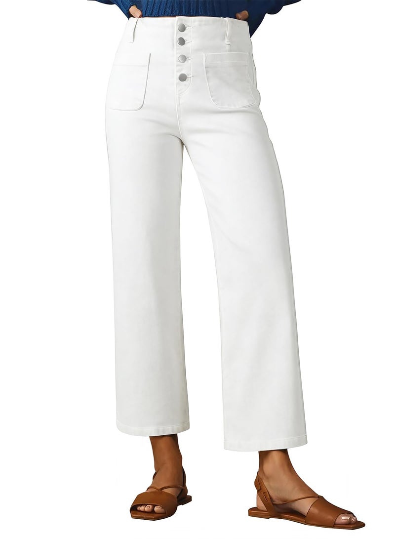 Sidefeel Women's Wide Leg Jeans High Waisted Stretchy Zimbaplatinum Straight Leg Jeans Buttoned Loose Denim Pants with Pocket White Size 6 - Image 1