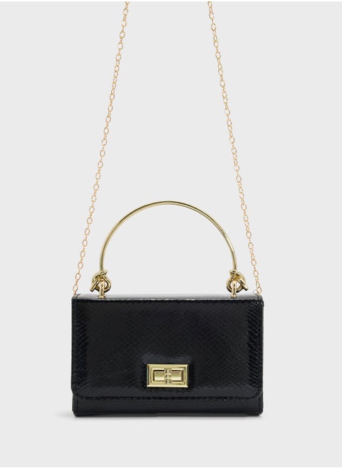 Metal Handle Snake Print Satchel Bag