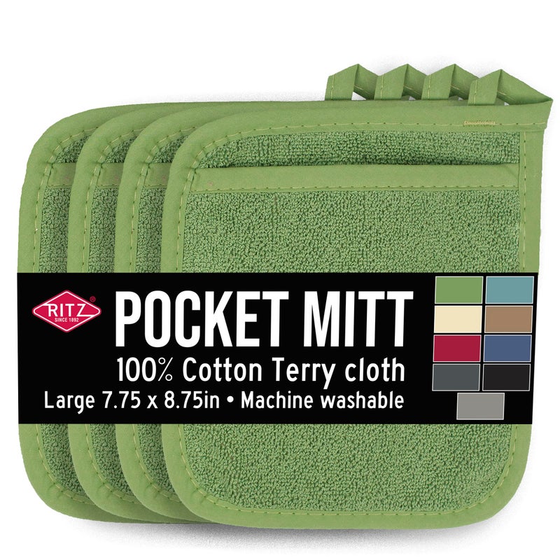 Ritz Terry Pocket Mitt & Hot Pad: Unparalleled Heat Resistant  Durable 100% Cotton - Ergonomically Designed for Optimal Grip - Easy-Care Machine Washable  Perfect for Your Kitchen - Cactus Green  4-Pk - Image 1
