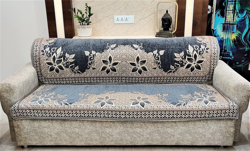 KREEVA Velvet Chenille Sofa Cover | for 5 Seater (3+1+1) Sofa | (Florida Grey_3, 6 Piece Set) | Sofa Slipcovers - Image 3