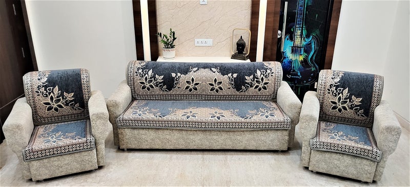 KREEVA Velvet Chenille Sofa Cover | for 5 Seater (3+1+1) Sofa | (Florida Grey_3, 6 Piece Set) | Sofa Slipcovers - Image 1