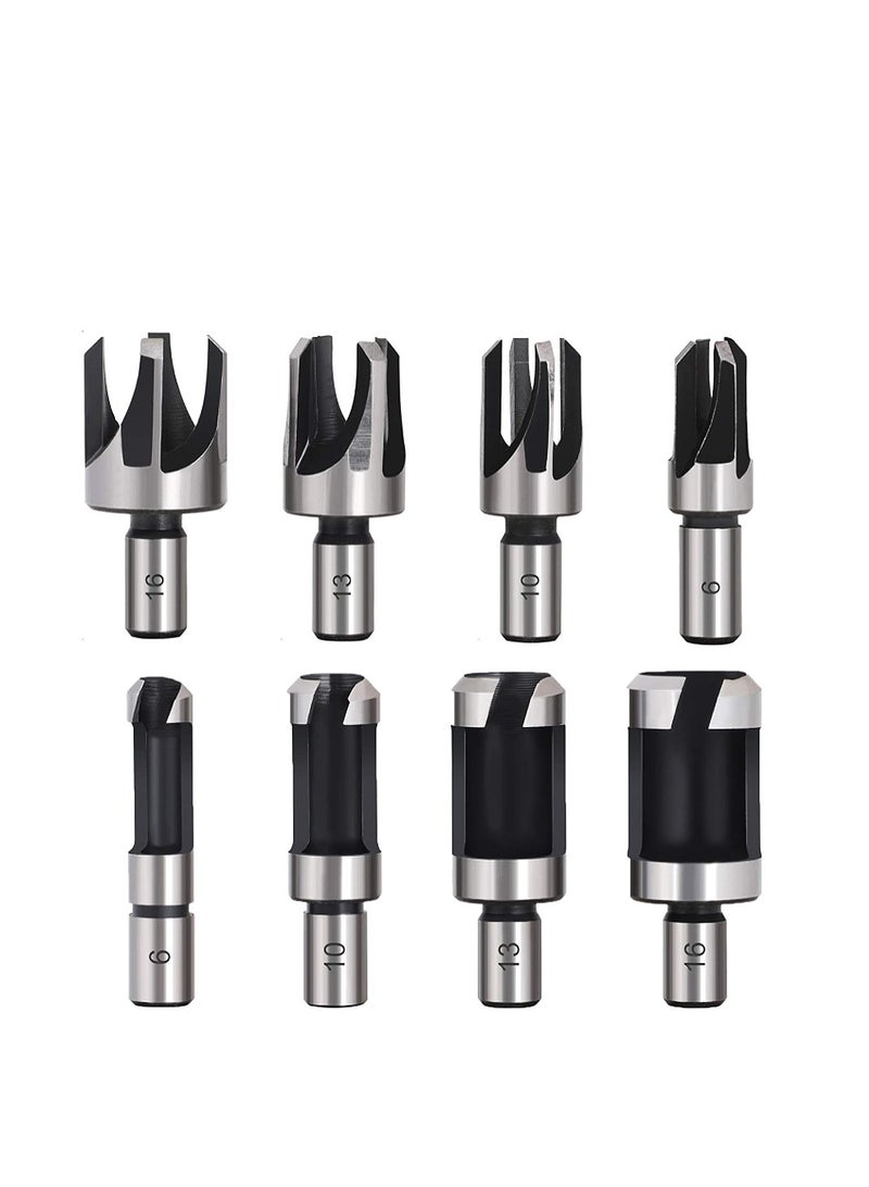 Yakumuz 8Pcs Wood Plug Cutter Drill Bit Set Yakumuz Carbon Steel Titanium Coated Woodworking Chamfer Drill Bits Straight and Tapered Taper 5/8" 1/2" 3/8" 1/4" Cutting Tool-Silver  - Image 1