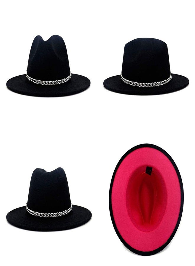 Gossifan Wide Brim Fedora Felt Panama Hat with Chain Belt Buckle - Dark Night&Super Pink - Image 3