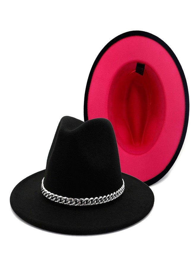 Gossifan Wide Brim Fedora Felt Panama Hat with Chain Belt Buckle - Dark Night&Super Pink - Image 1