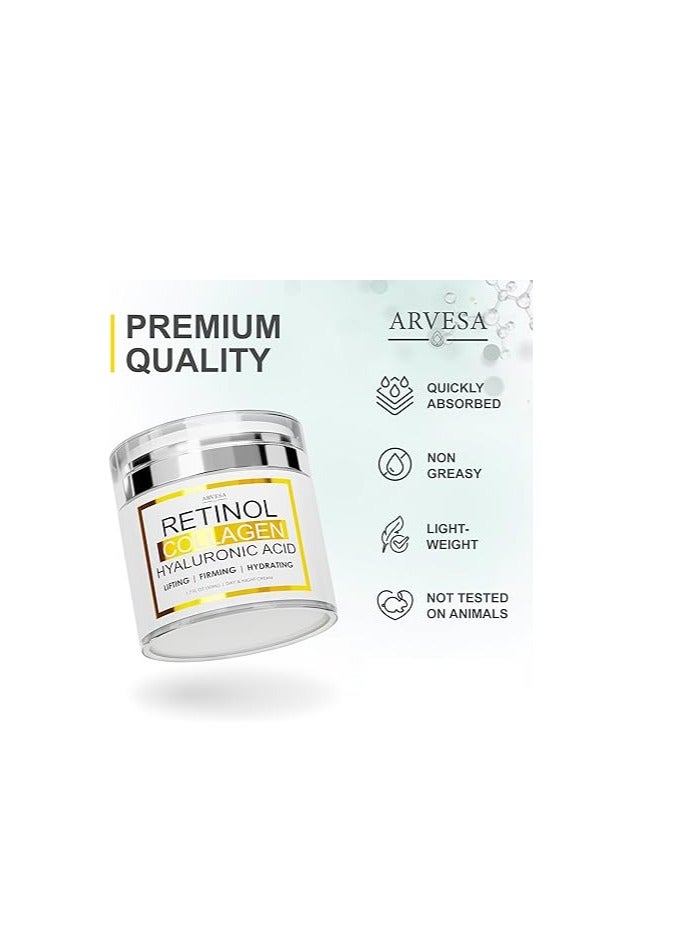 Arvesa Retinol Cream for Face - Facial Moisturizer with Collagen and Hyaluronic Acid - Hydrating Wrinkle Cream for Women and Men - Anti-Aging Day and Night Moisturizer For All Skin Types - Made in USA