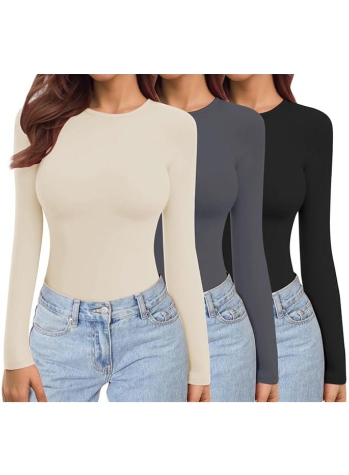 GUDOO Womens 3 Pack Long Sleeve Tops Crew Neck Thermal Shirts Set Stretch Fitted Underscrubs Layer Tee L - Image 1