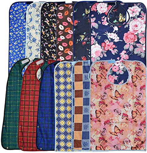 Celley 12 Pack Adult Bibs with Crumb Catcher - Waterproof and Reusable Clothing Protectors for Elderly, Seniors and Disabled Mixed - Image 1