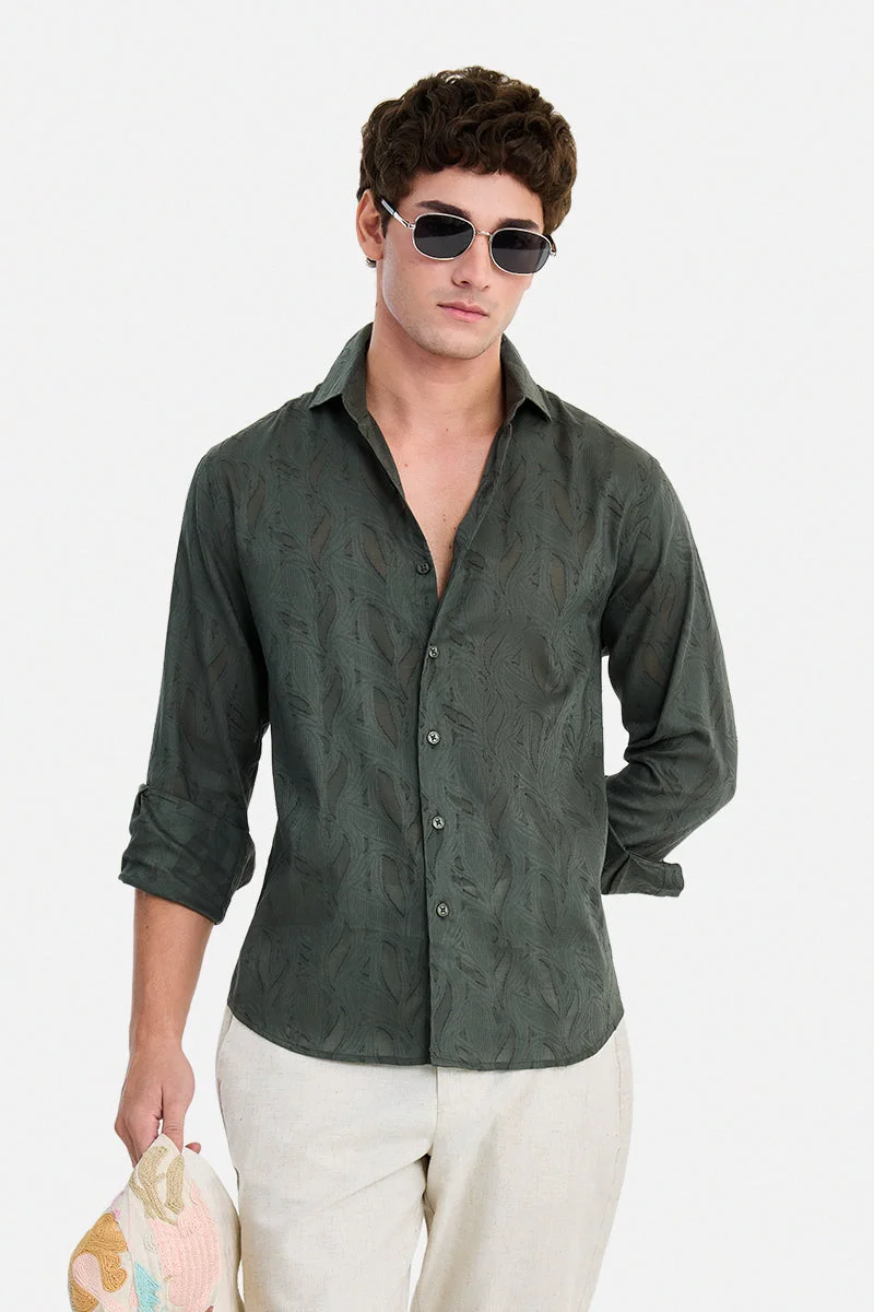 SNITCH Dark Green Textured Long Sleeve Regular Fit Party Shirt