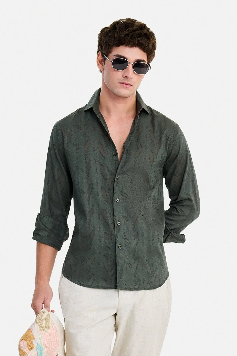 سنيتش Dark Green Textured Long Sleeve Regular Fit Party Shirt