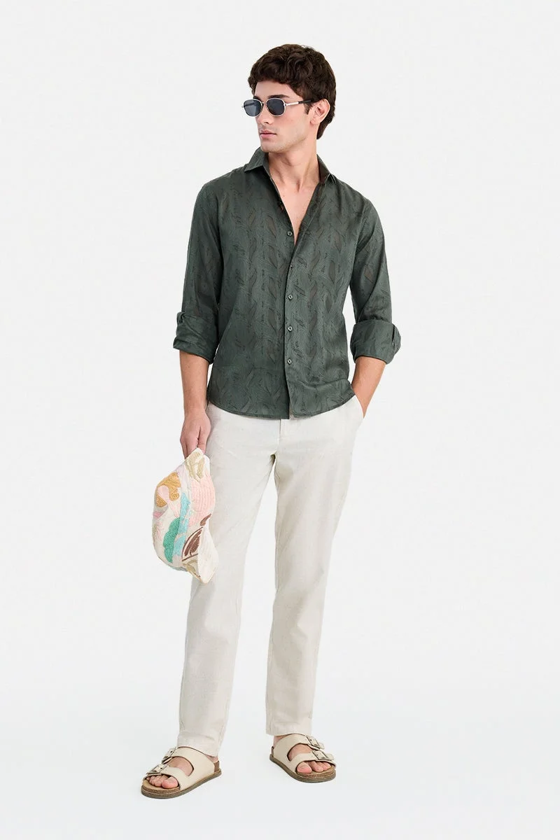 سنيتش Dark Green Textured Long Sleeve Regular Fit Party Shirt