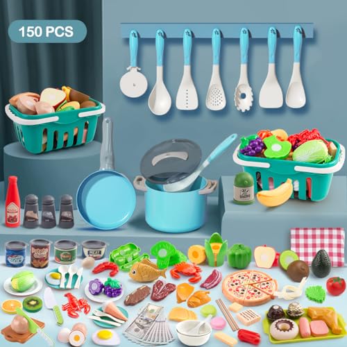 JOKERKING 150Pcs Kitchen Playset Toddlers Pretend Cooking Cookware Accessories Food Picnic Blanket Fruits Veges 2Pack Shopping Storage Basket Dessert and Prop Money Gift for Kids Turquoise - Image 5