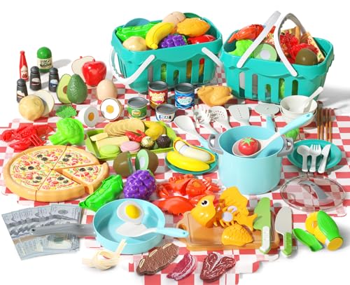 JOKERKING 150Pcs Kitchen Playset Toddlers Pretend Cooking Cookware Accessories Food Picnic Blanket Fruits Veges 2Pack Shopping Storage Basket Dessert and Prop Money Gift for Kids Turquoise - Image 1