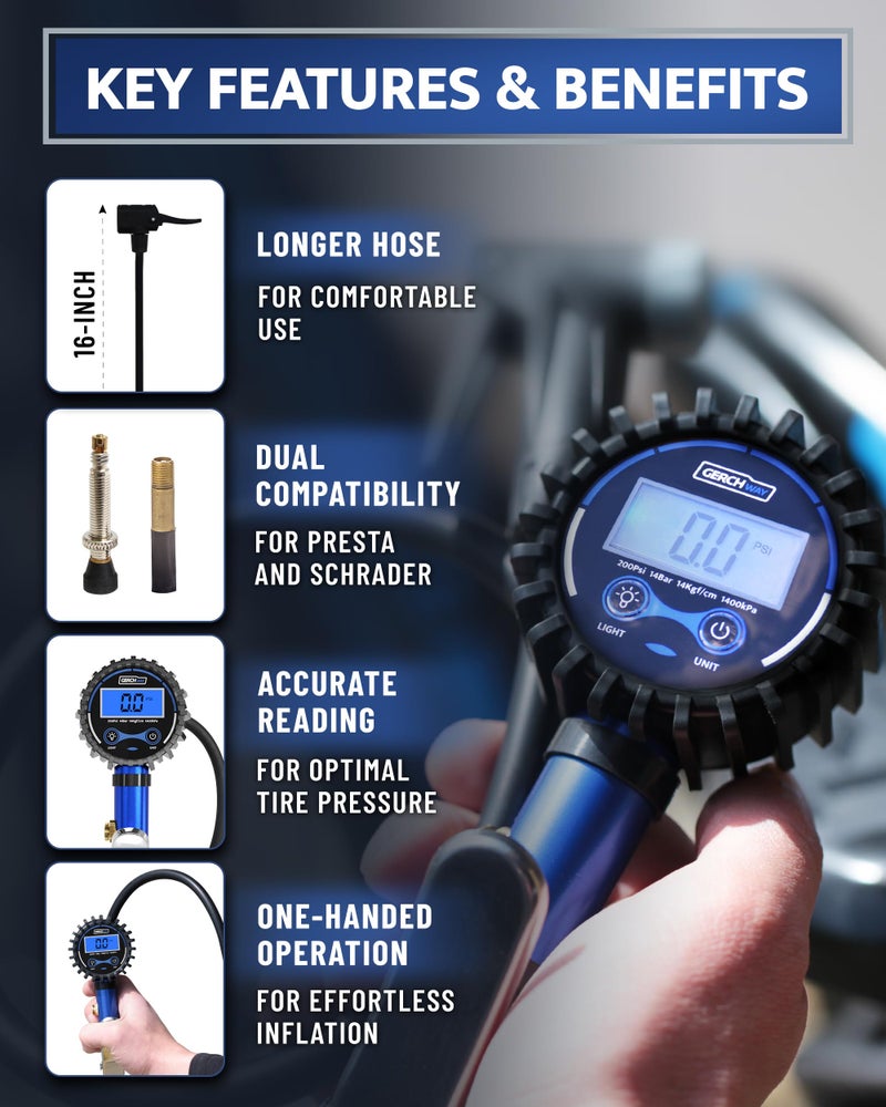 GERCHWAY Presta Valve Air Chuck â€“ Digital Bike Tire Inflator with Pressure Gauge â€“ Schrader to Presta Valve Adapter for Air Compressor - Image 3
