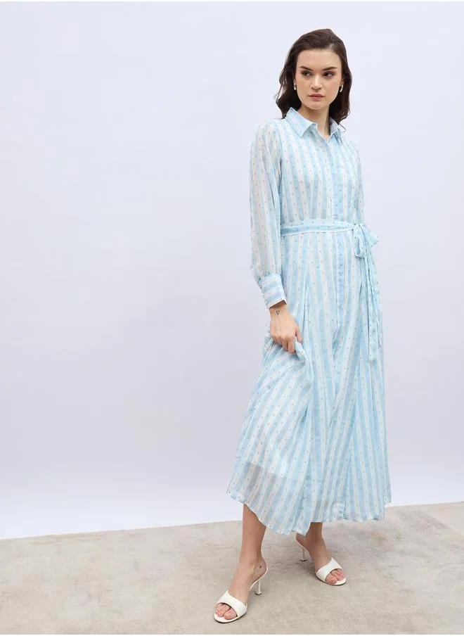ستايلي Styli Women Blue Striped Dobby Shirt Maxi Dress with Tie Belt
