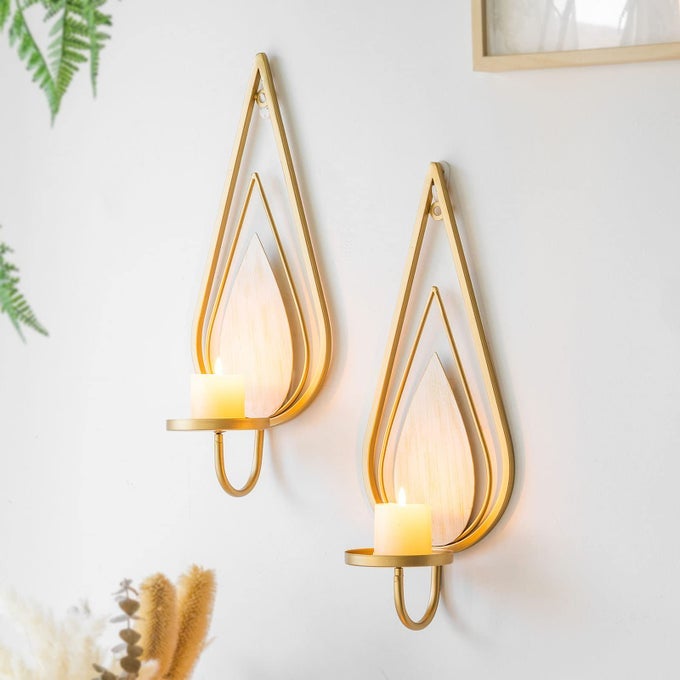 GOLD WALL SCONCE CANDLE HOLDERS SET OF 2 METAL RAINDROP HANGING IRON CANDLE SCONCES FOR HOME DECOR BEDROOM LIVING ROOM GOLD MODERN