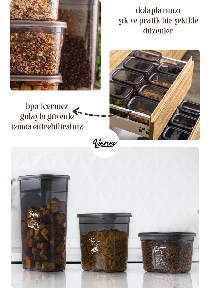 6-Piece Peggy Rectangular Storage Container with White Screen Printing Label 2x(1,3 lt 2 lt + 3,2 lt) Anthracite