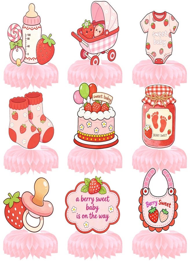 CYUXING 9Pcs Strawberry Baby Shower Decorations - Honeycomb Table Centerpieces Set with Baby Carriage, Booties, Cake Cutouts | For Strawberry Shortcake Theme, Western Baby Shower Party Supplies - Image 1