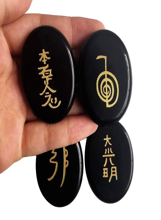 Loveliome 4 Pcs Black Obsidian Engraved Chakra Stones Healing Crystal Reiki Balancing Palm Stone, 45mm - Image 2