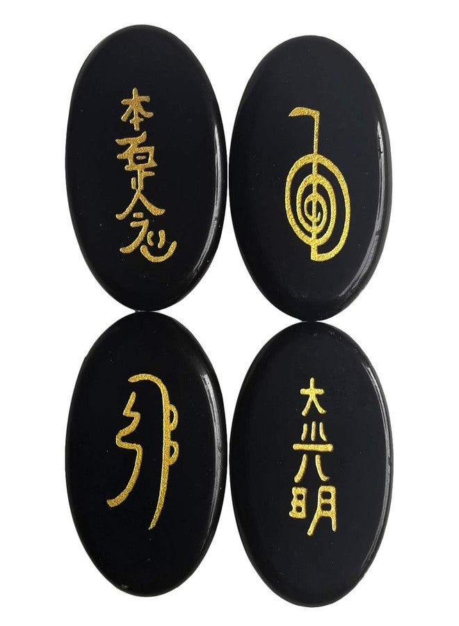 Loveliome 4 Pcs Black Obsidian Engraved Chakra Stones Healing Crystal Reiki Balancing Palm Stone, 45mm - Image 1