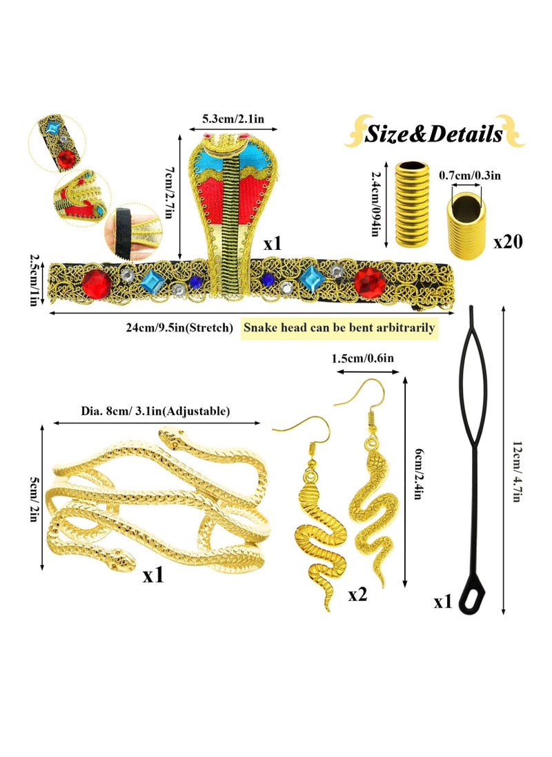 Egyptian Costume Accessories, Egyptian Headpiece, 25 Pieces Egyptian Cleopatra Costume Accessories, Snake Headpiece Golden Arm Cuff Earrings Jewelry Set, for Women Girls Cosplay - Image 5